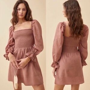 Reformation Dunes Long Sleeve Smocked Dress - PRALINE, Size 6
